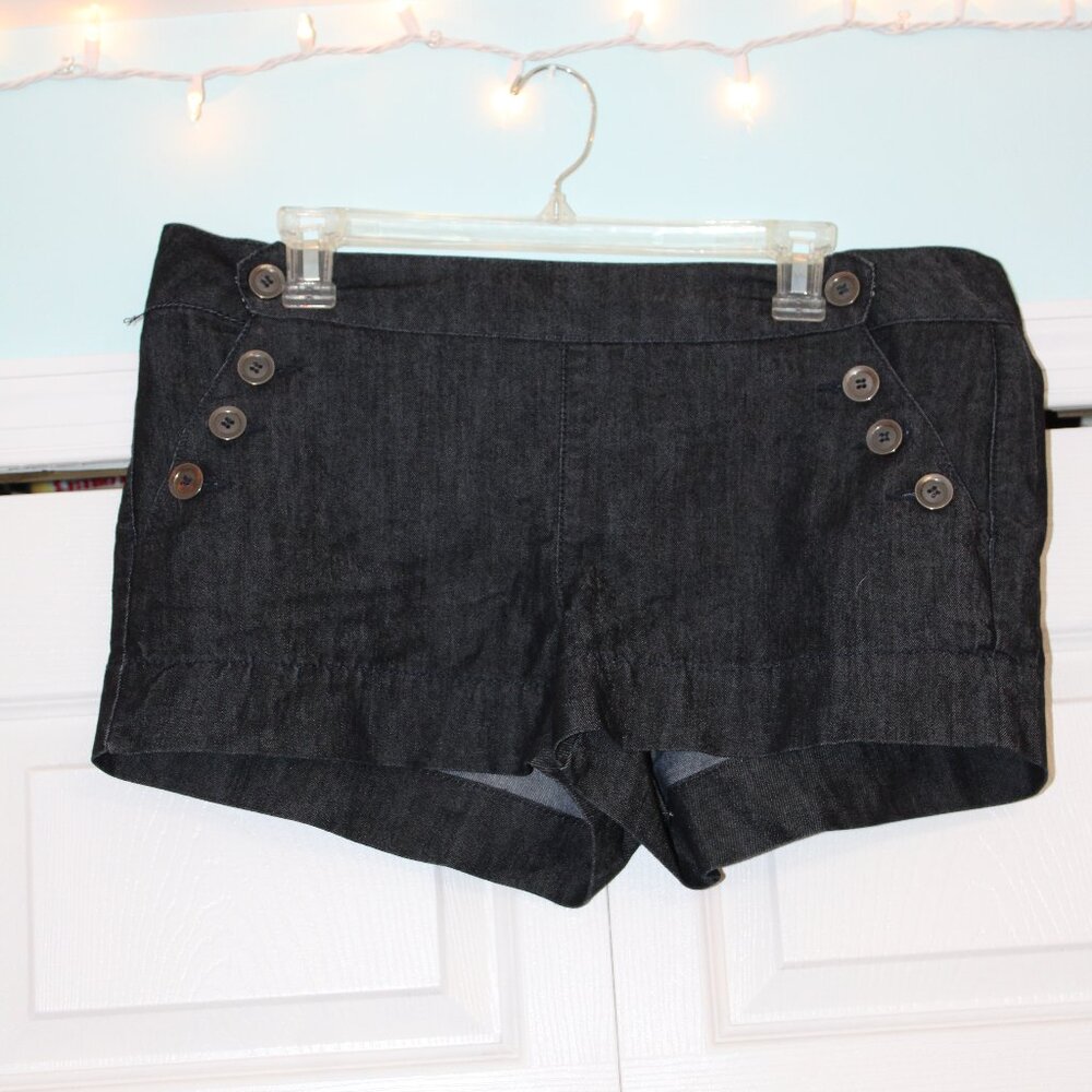 Boom Boom Jeans- High-Waisted Sailor Button Shorts- Dark Wash Denim